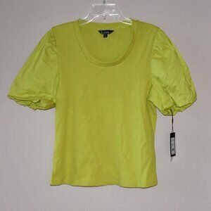 NWT Nicole Miller Green Short Puff Sleeve Rib Knit Top Size Medium